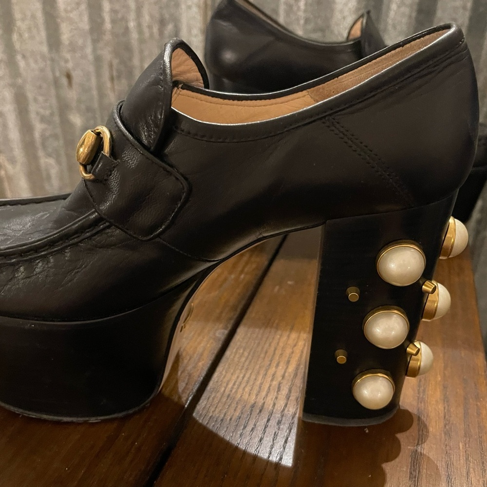 Gucci Black Platform Loafers with Gold and Pearl Accents - Picture 4 of 5